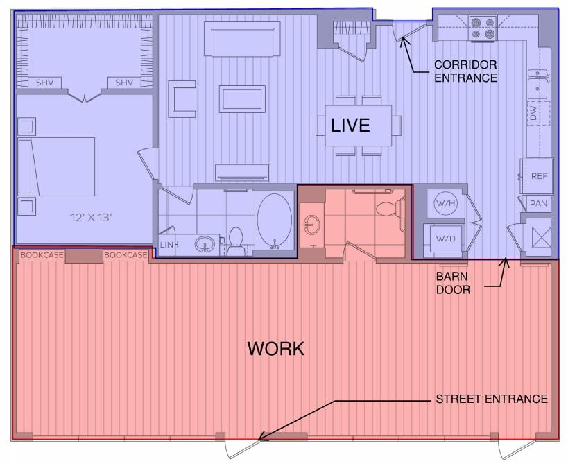 Floor plan of a live work unit in a multifamily rental apartment community